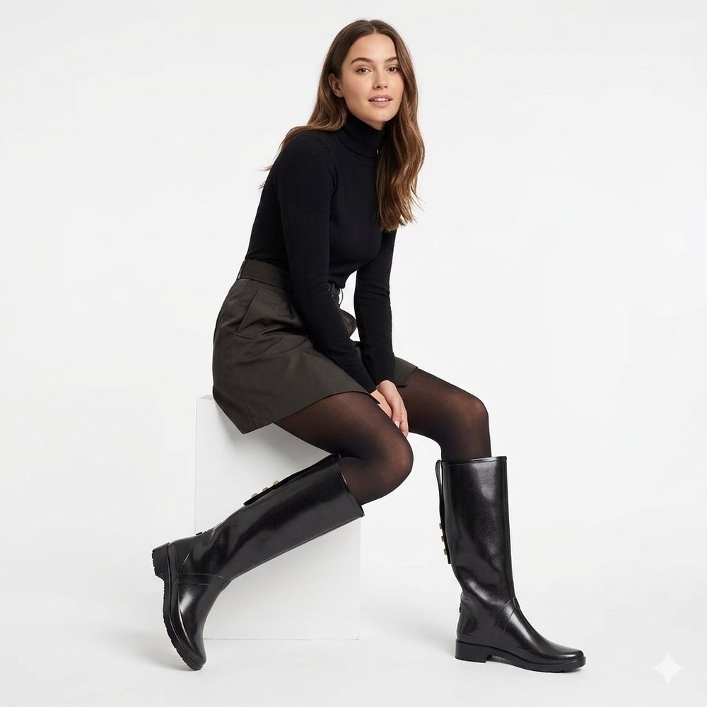 Stuart Weitzman Womens 9/39 M Griffin Studded Tall Black Rain Boots G 278159